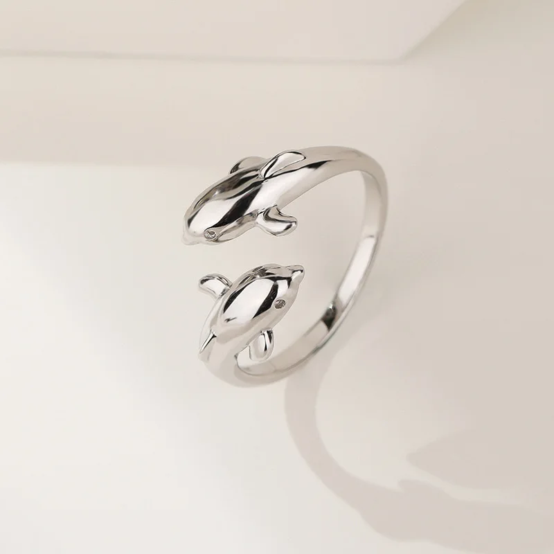 Double Dolphin Silver Color Charm Woman Ring High Quality Brand Fashion Jewelry