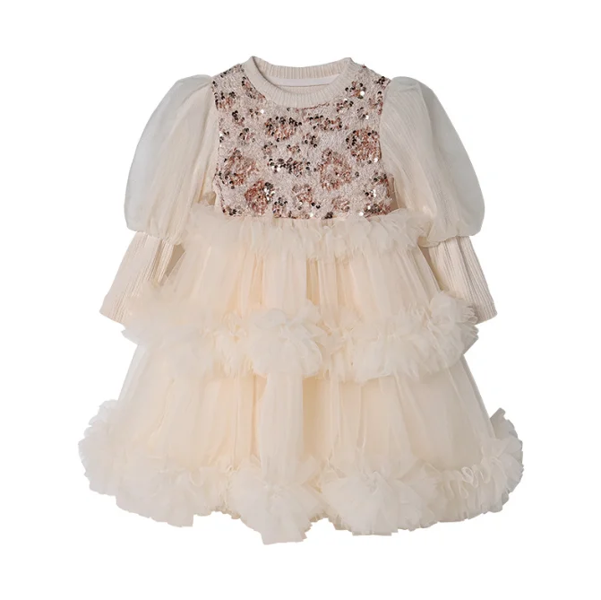 

New Baby Fall Long Sleeve Sequined Tutu Dress, Princess Kids Fashion Party Dresses 2-8 T