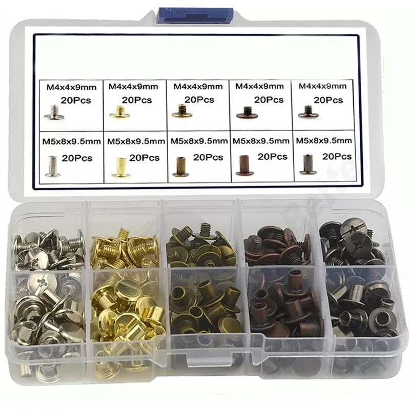 100 Sets Colorful Chicago Screw Rivets Kit 5 Colors 5x6mm Metal Binding Posts Fasteners DIY Leather Bag Wallet Craft Accessories