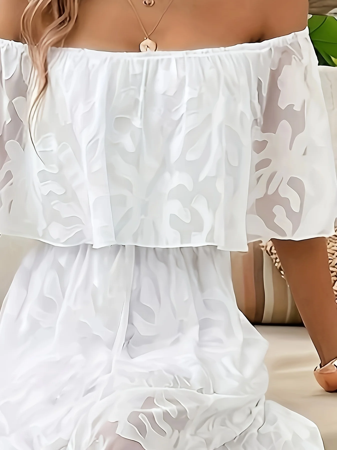 Women Bohemian White Long Dress Short Sleeve Off Shoulder Lace Ruffle Loose Dress Summer Holiday Beach Casual Dresses Female