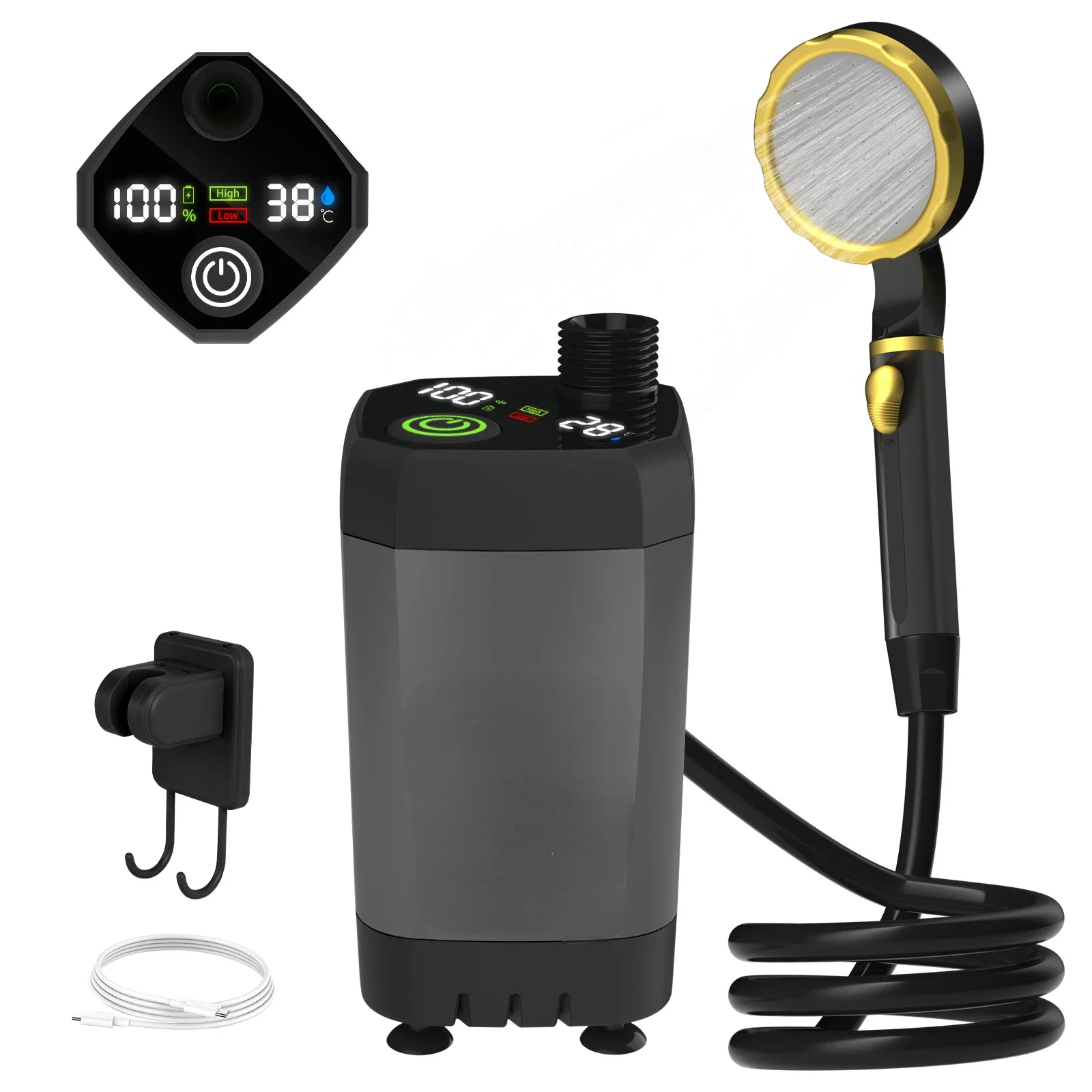 Camping Shower Pump RV Outdoor Shower Kit Camp Shower w/Full Screen Intelligent Digital Display Adjustable 6000mAh Shower Kit