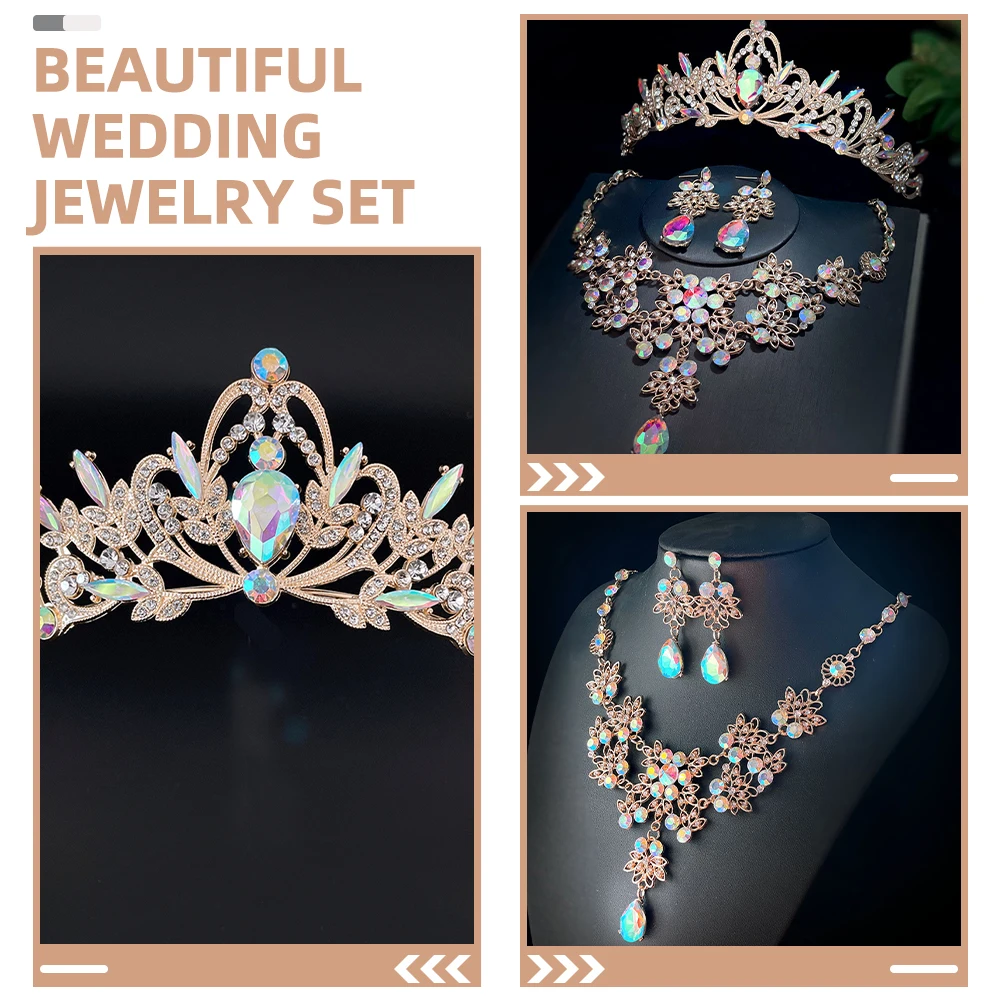 

1Set Bridal Jewelry Rhinestone Crown Necklace Earrings Set Wedding Party Birthday Gift Bride Jewelries Crown and Earrings Set