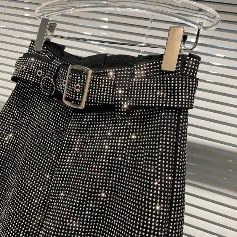 กางเกงขายาวทรงกว้างประดับคริสตัลหรูหรา ดีไซน์เข็มขัดหนัก แฟชั่นสำหรับผู้หญิง สไตล์ลำลอง รุ่นใหม่ล่าสุดประจำฤดูใบไม้ร่วง