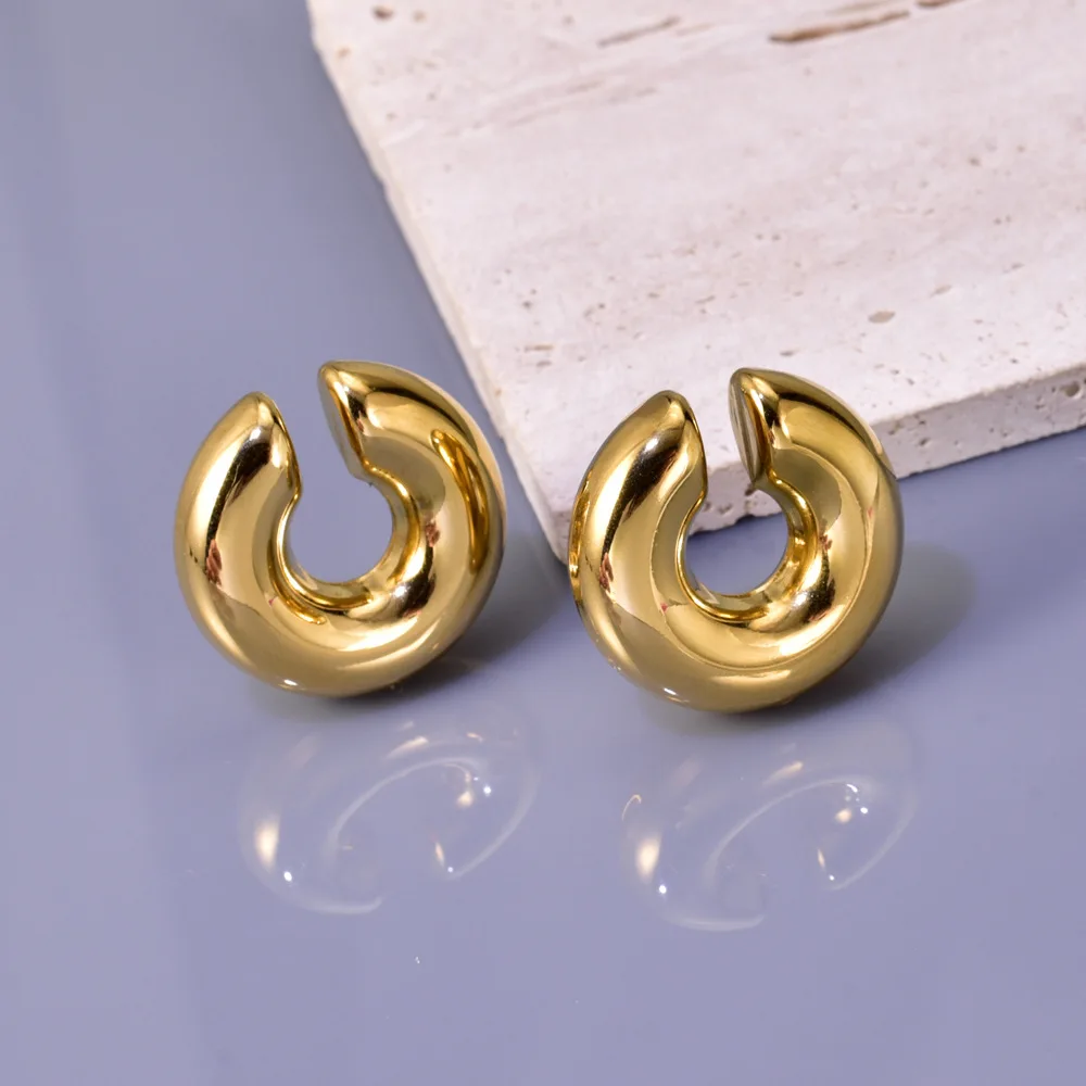 E02 Stainless steel thick round tube hollow ear rings, C-shaped golden ear clips of the same style as the Internet celebrity image 5