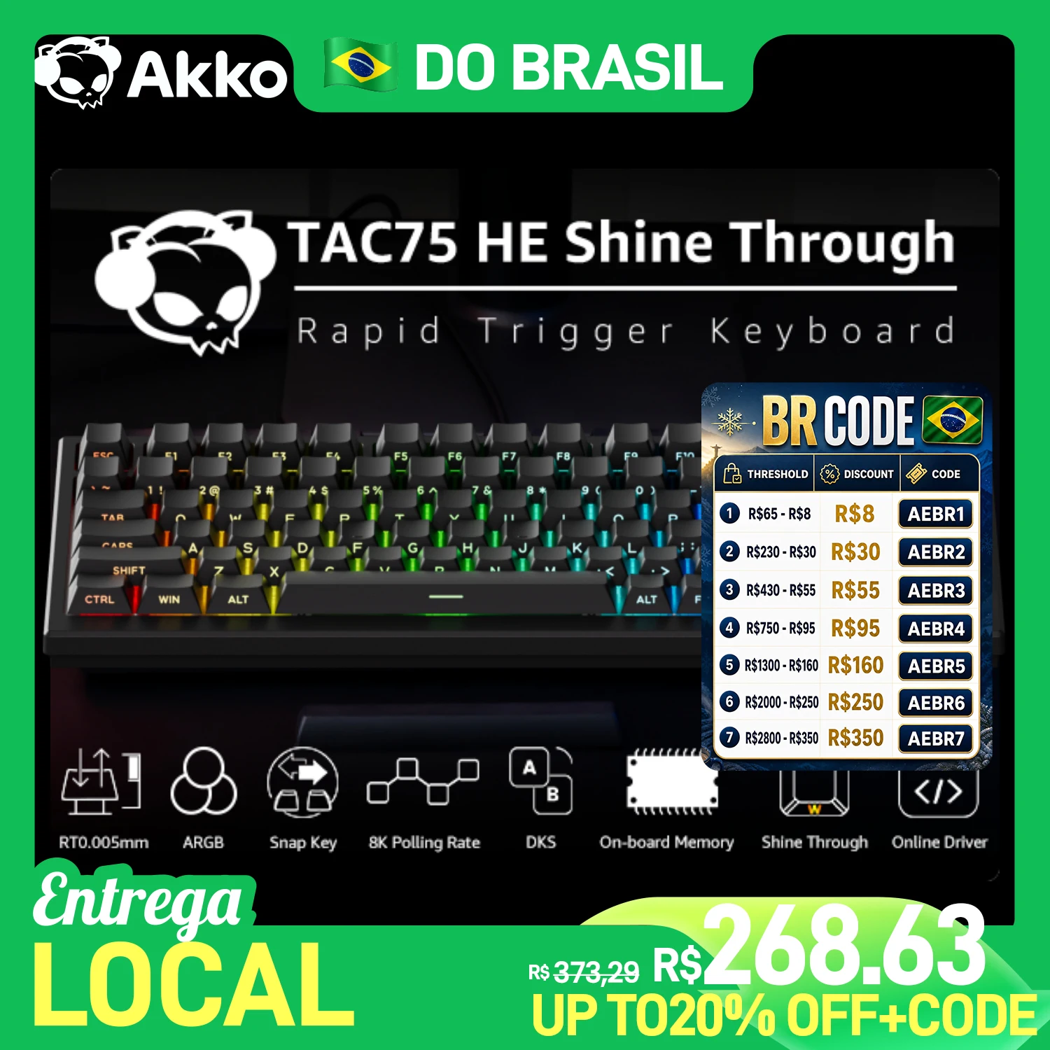 Teclado Mecânico Gamer Akko TAC75 HE com Switches Magnéticos 75% com Fio 8K RT0.005mm RGB