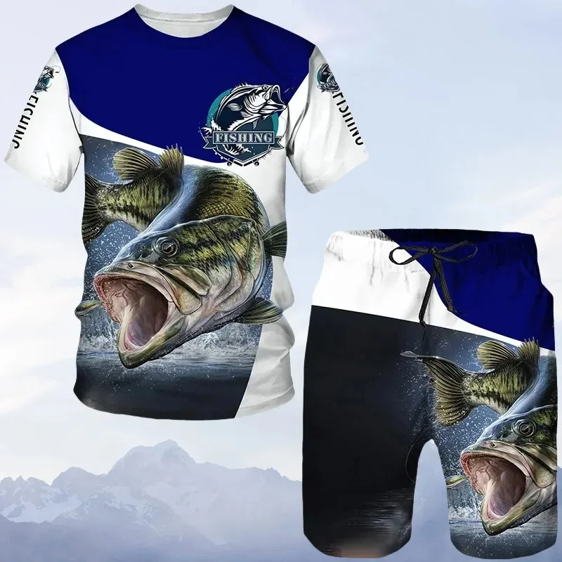 Летний повседневный свободный костюм с круглым вырезом и короткими рукавами, шорты, комплект из 2 предметов, модный наряд с рыбным узором, спортивные мужские комплекты для рыбалки на открытом воздухе