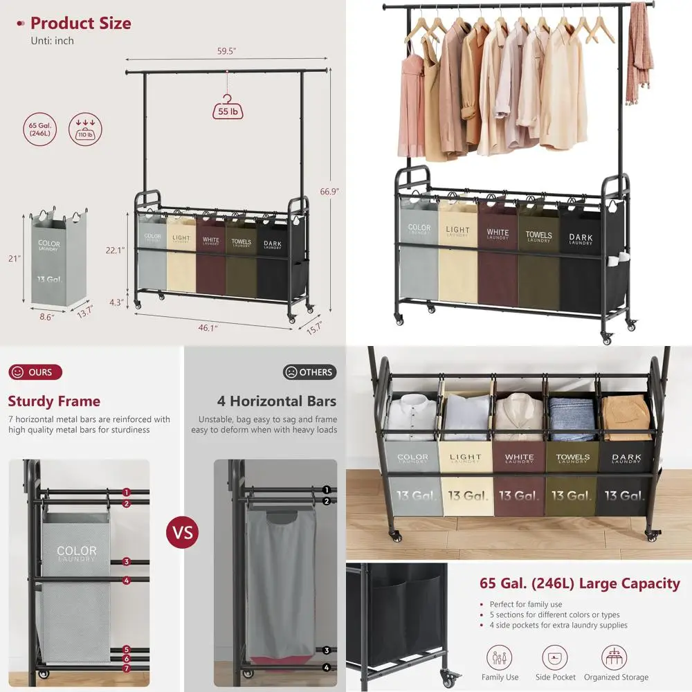 

5-Section Laundry Sorter with Hanging Rack, 246L Capacity Hamper on Wheels for Home, 5 Color Options