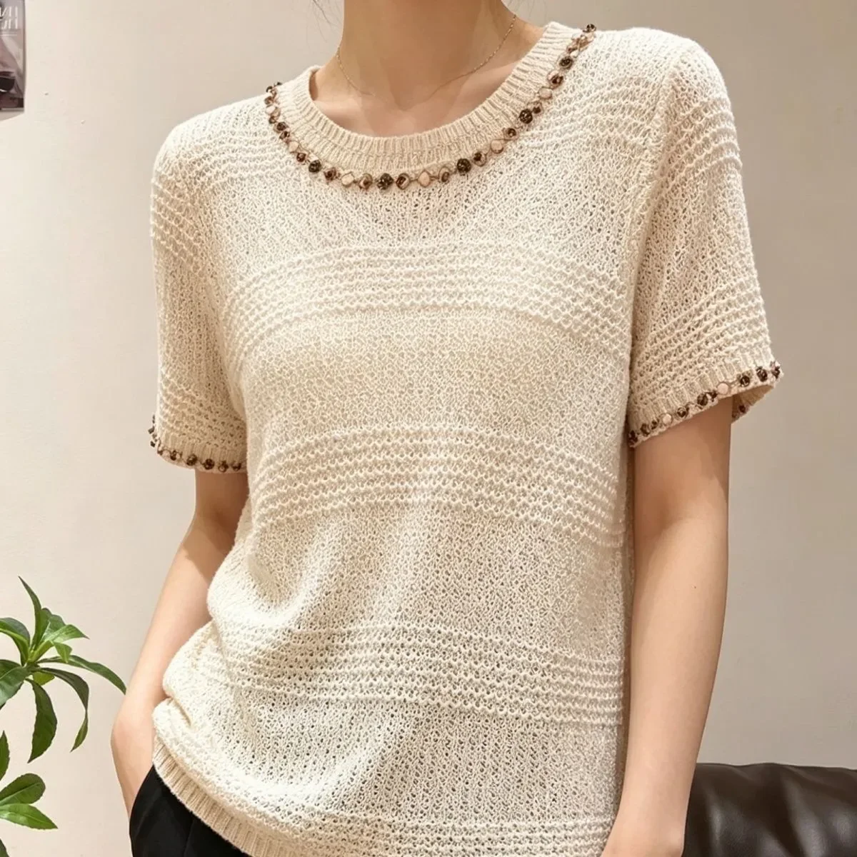 

Cream Crochet Knit Blouse with Beaded Trim O Neck Short Sleeve Loose Fit Summer Women Casual Top