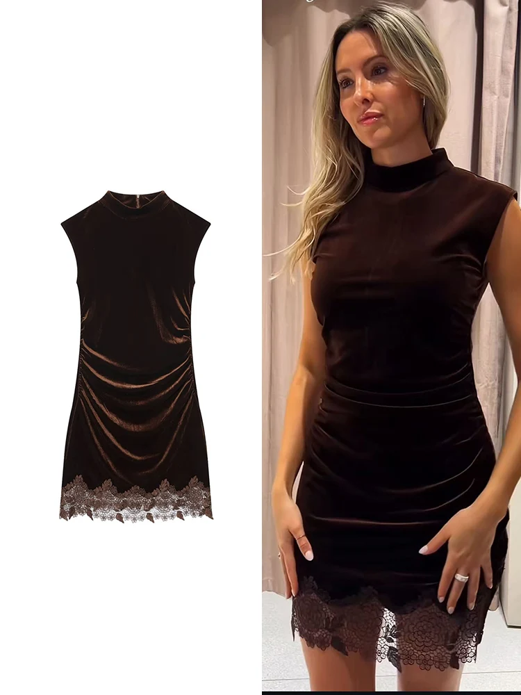 فستان نسائي مثير مزين بالدانتيل فستان قصير مخملي موضة ثنيات للتخسيس بدون أكمام فساتين نسائية أنيقة فستان قصير متين #1