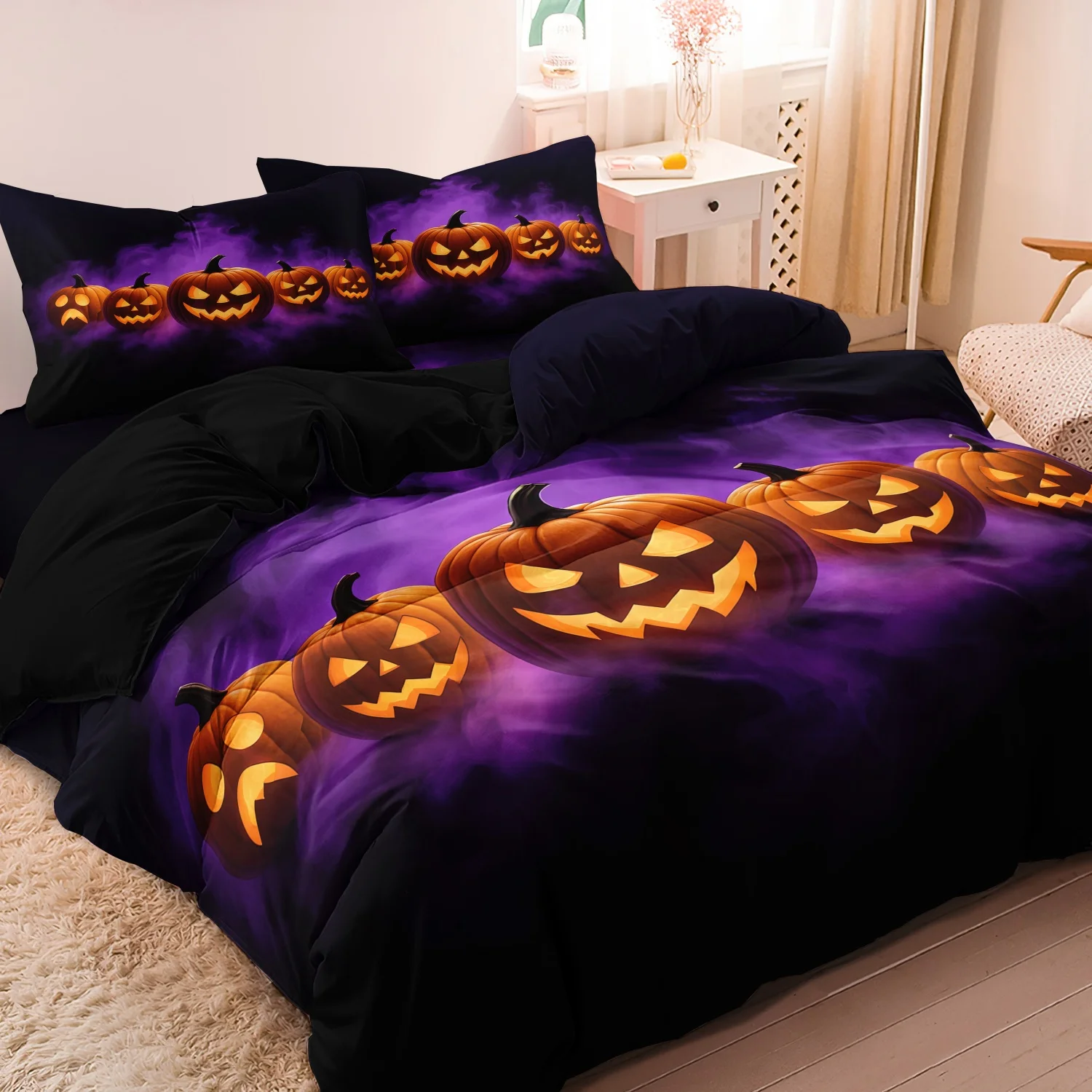  3 Pieces Spooky Halloween Pumpkin Duvet Cover Bedding Set, Black Purple Mist Jack O Lantern Holiday Pattern Bedding
