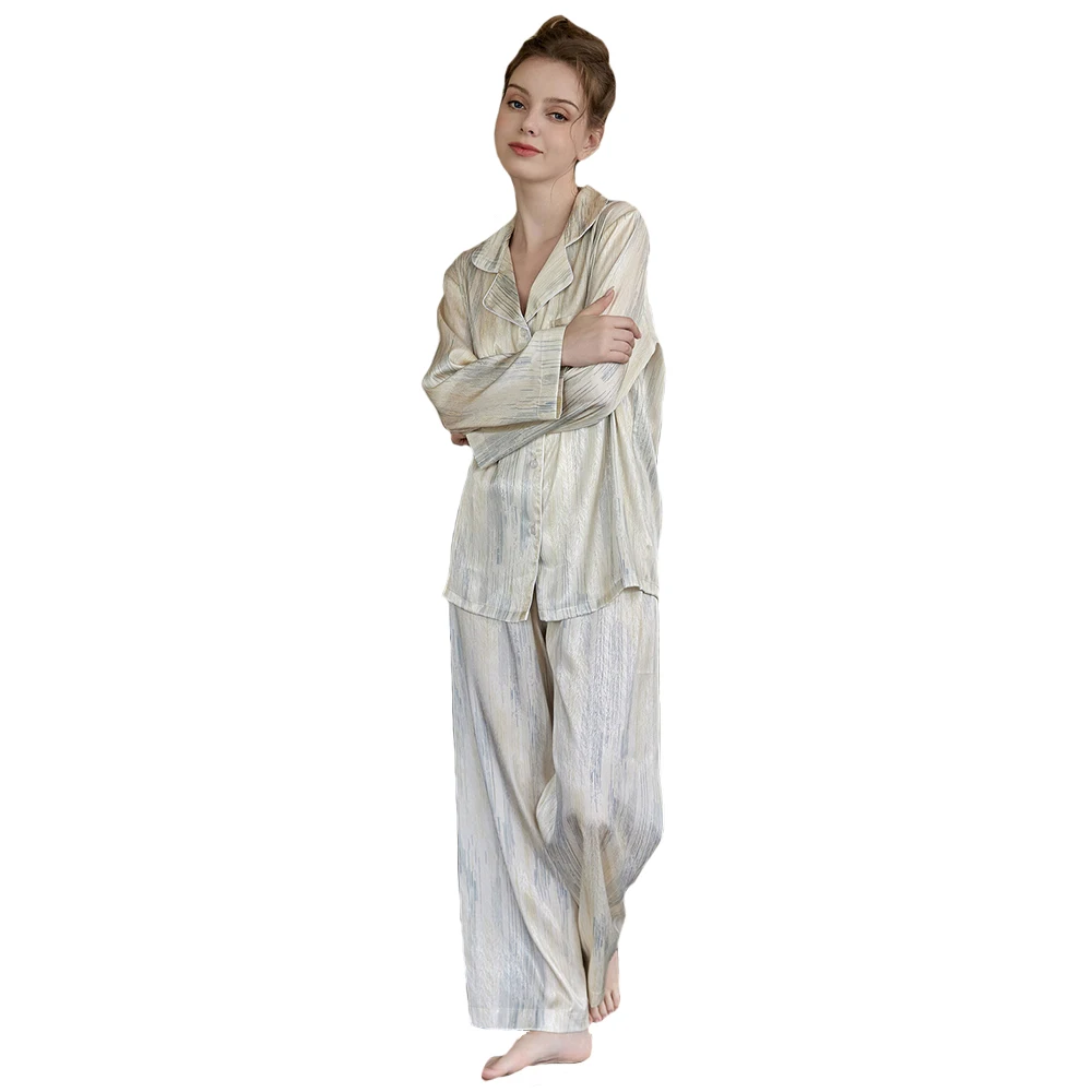 

Spring Summer Button Up Pajamas Set for Women Silk Satin Long Sleeve Sleepwear Ladies Loungewear Nightwear 2 Piece Pjs Set M-XXL