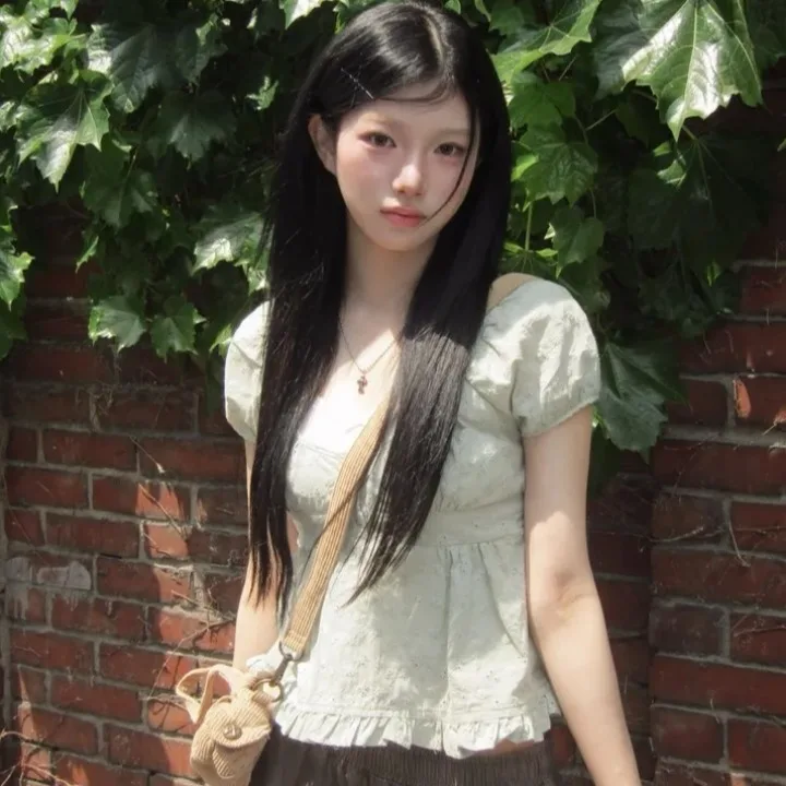 Slimming Effect Bubble Sleeve Lace Trim Short Sleeve Shirt Top Women's Casual Style Polyester Fiber 100% Summer Fashion