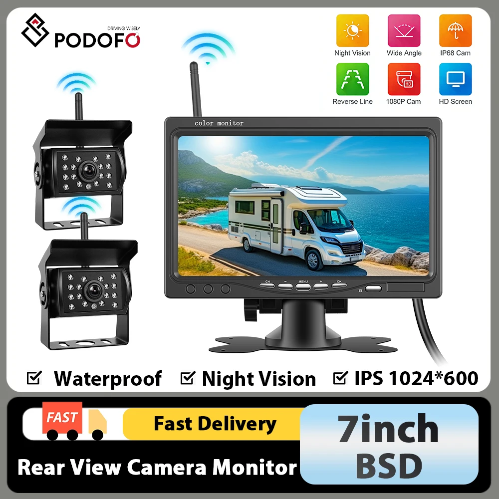 Podofo 7-Zoll IP68 Wasserdichter Drahtloser Rückfahrmonitor mit Nachtsicht-Digitalkamera für LKW/Bus/Wohnmobil