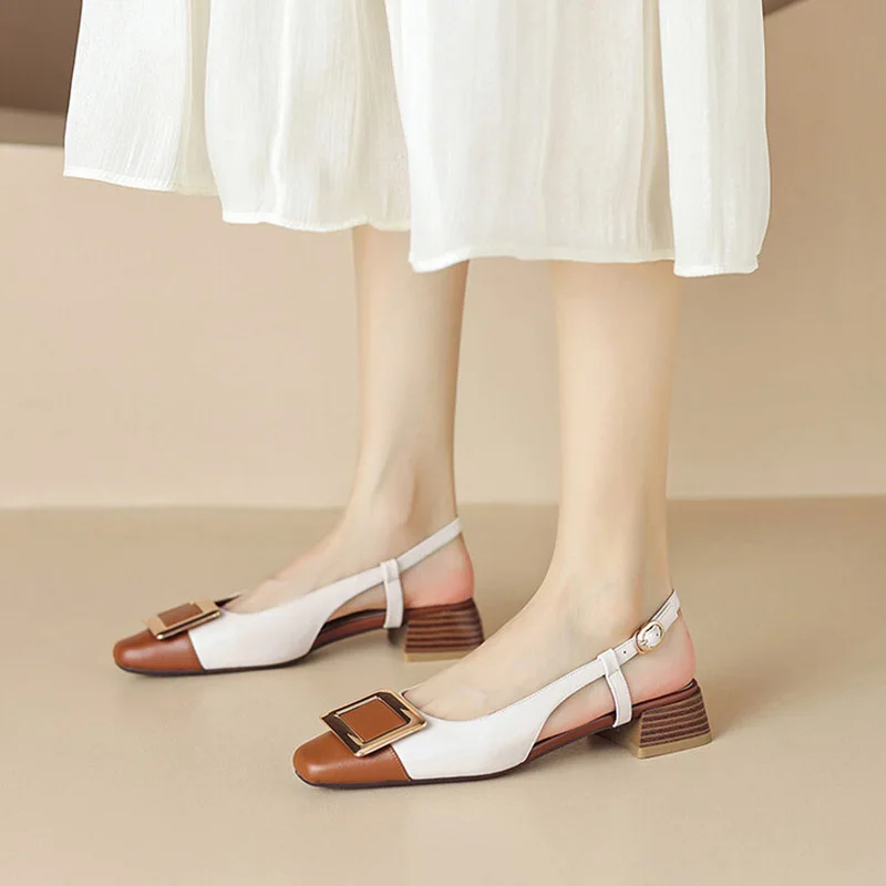 Phoentin elegant cover toe sandals woman 2024 genuine leather slingbacks mixed color low heeled ladies shoes FT3487