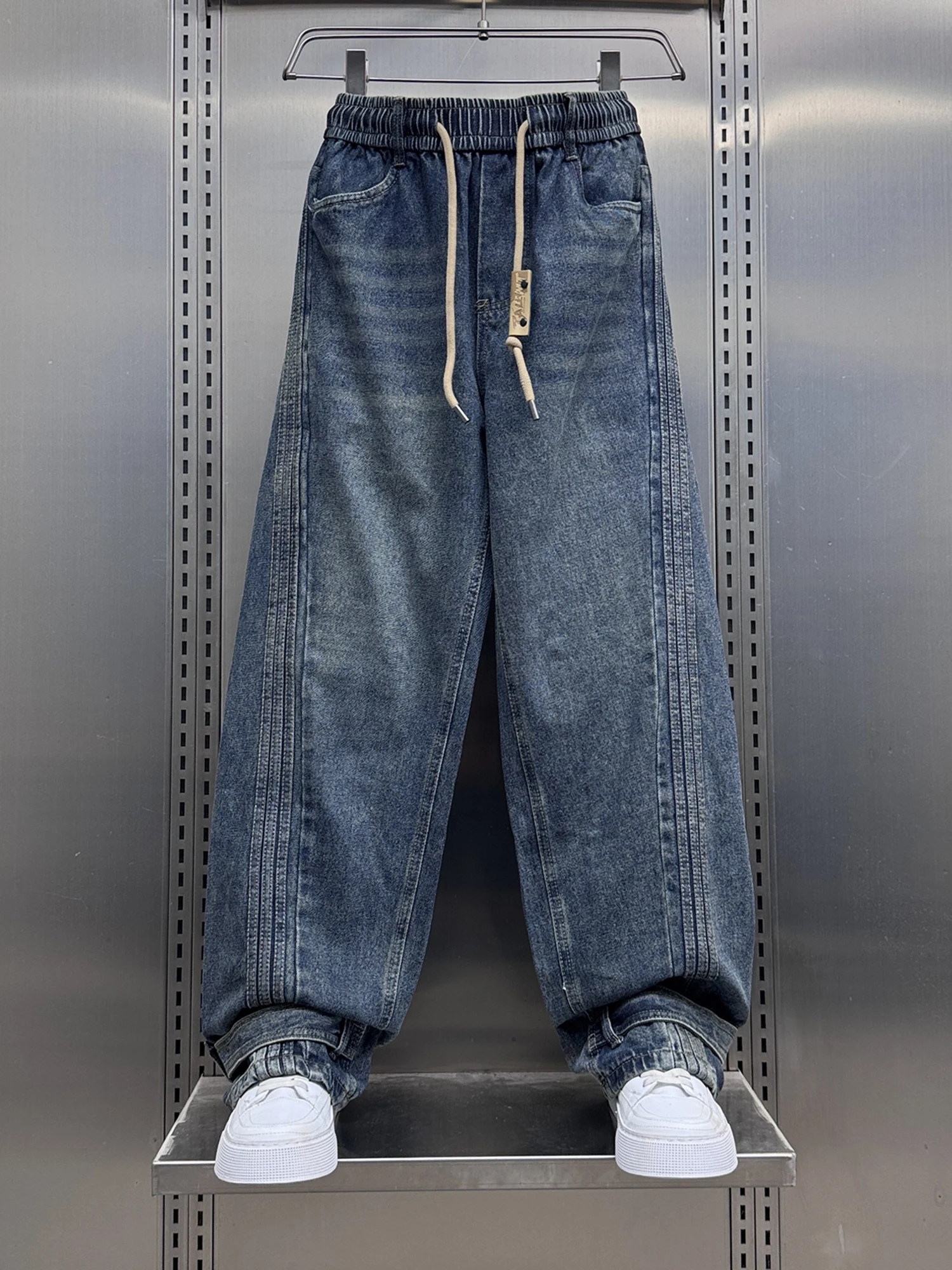 

Spring 2026 Men's Loose Fit Straight Leg Denim Jeans American Sle Casual Waed Workwear Dstring Elastic Waist Pants