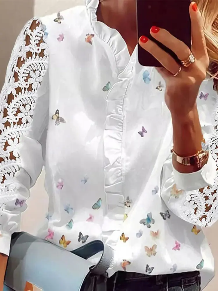 Damen Slim Fit Bedruckte Spitze Patchwork Irt Long Sve Flip Collar Regelmäßige Länge Chinesische Marke Sommer Faion Damen...
