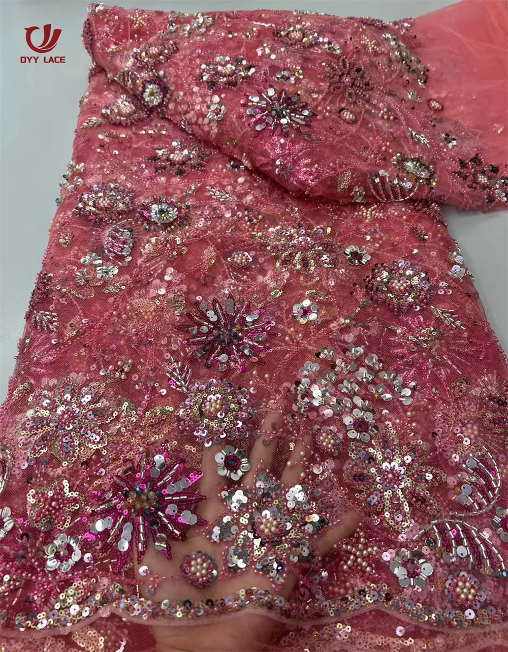 

5 Yards Luxury 2025 African Groom Beaded Lace Fabric French Tulle Lace Fabrics Nigerian Sequins Fabric for Party Dress