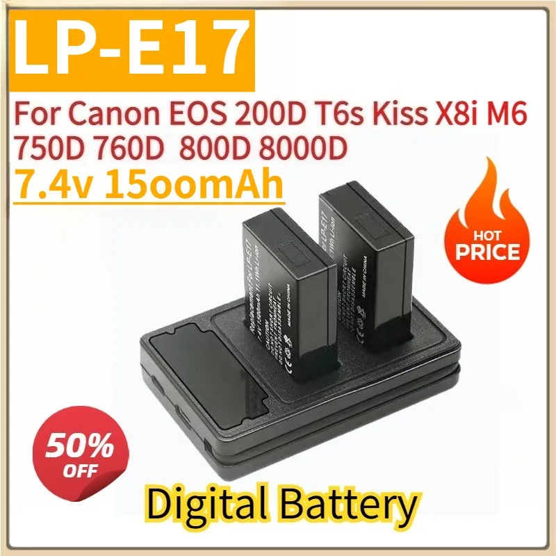 

New Camera Battery 7.4V 1500mAh LP E17 LP-E17 + Dual Charger for Canon EOS 200D T6s Kiss X8i M6 750D 760D 800D 8000D