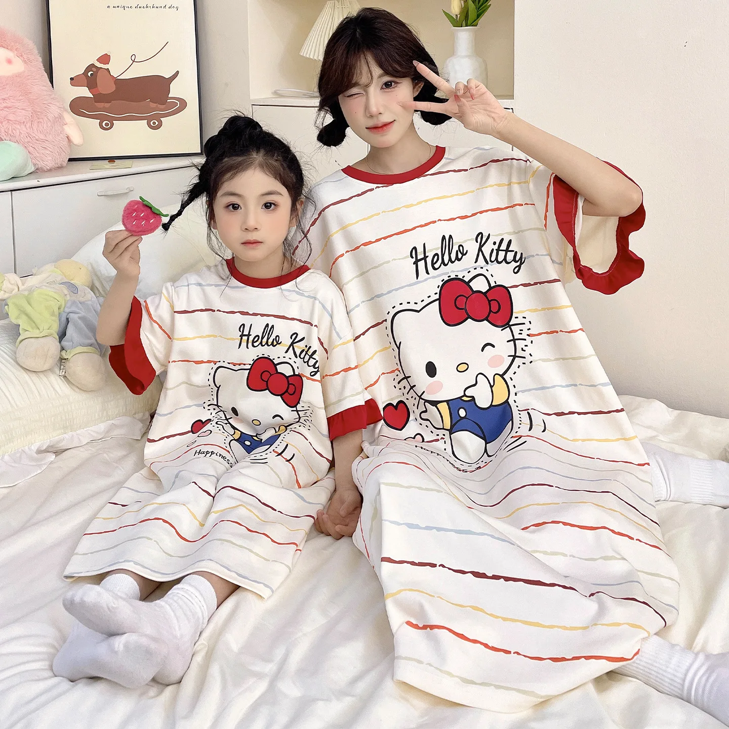 

Cute Hello Kitty Girls' Pure Cotton Short Sleeved Sleeping Skirt Summer New Fashion Casual Women's Home Clothes