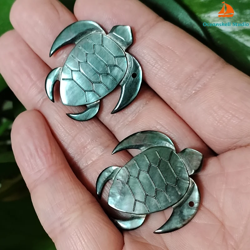 2 PC Black Mother of Pearl Shell Pendant Tortoise Shape Pack-for Crafts Mop Charm Bead, Jewelry Making, Inlay, DIY Project