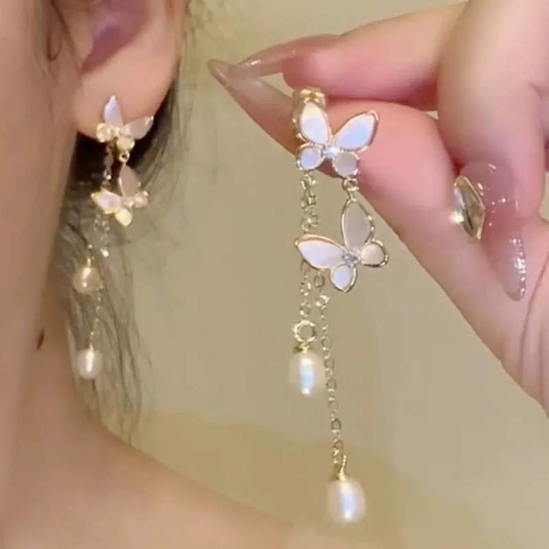 

925 Silver Butterfly Earrings Women Girls Romantic Long Tassel Pearl Stude Earrings Party Fashion Wedding Jewelry Accessories