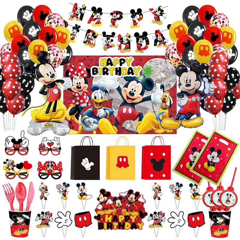 Disney Mickey Mouse Birthday Party Decoration Tableware Cup Plate Mickey Birthday Supplies Balloon Banner Backdrop Party For Kid