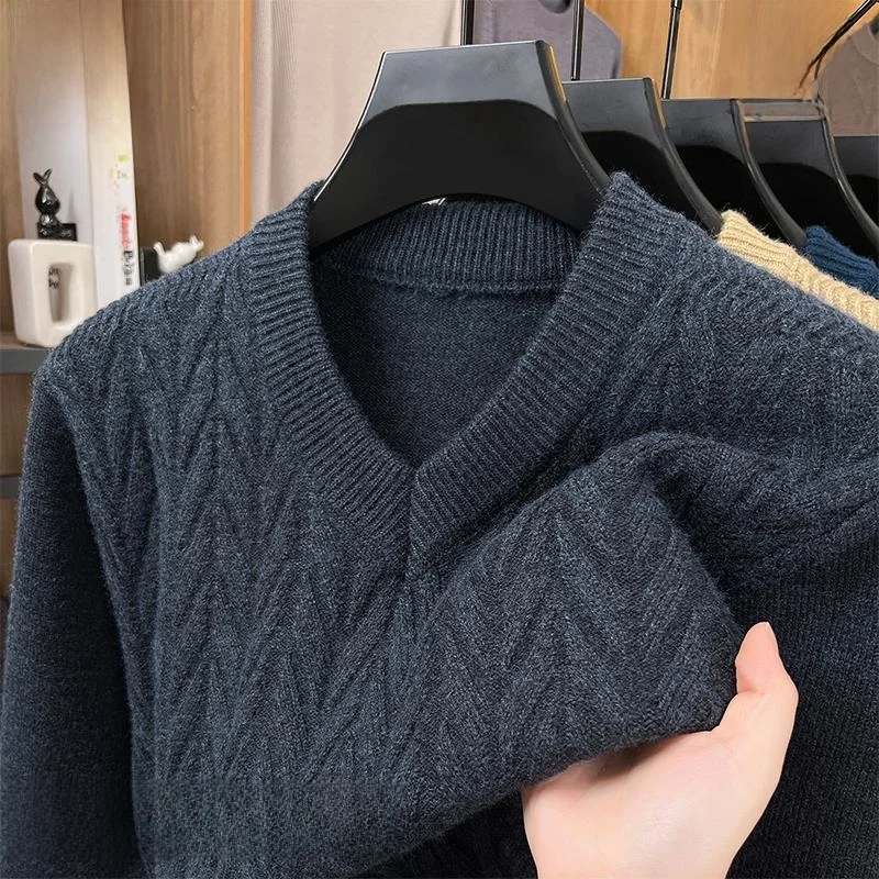 

Теплый мужской свитер из чистой шерсти с V-образным вырезом, повседневный, деловой, комфортный, утолщенный, с длинными рукавами