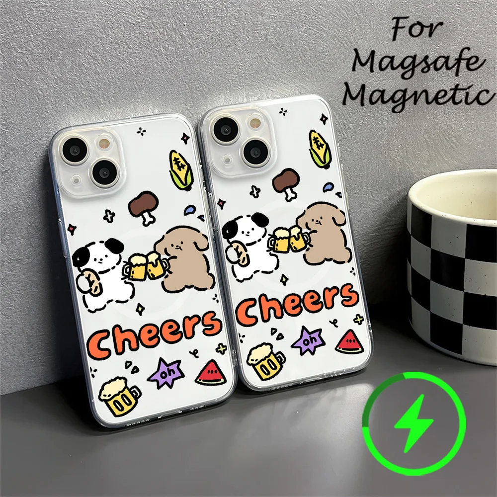 Funny Cheers Puppy Phone Case For IPhone 15 14 13 12 11 Transparent Magnetic Suction Cover