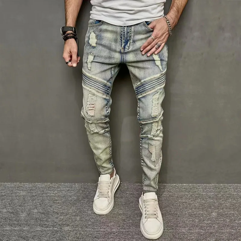 

2023 Men's Thigh Fold Ripped Stretch Casual Tappered Slim Jeans