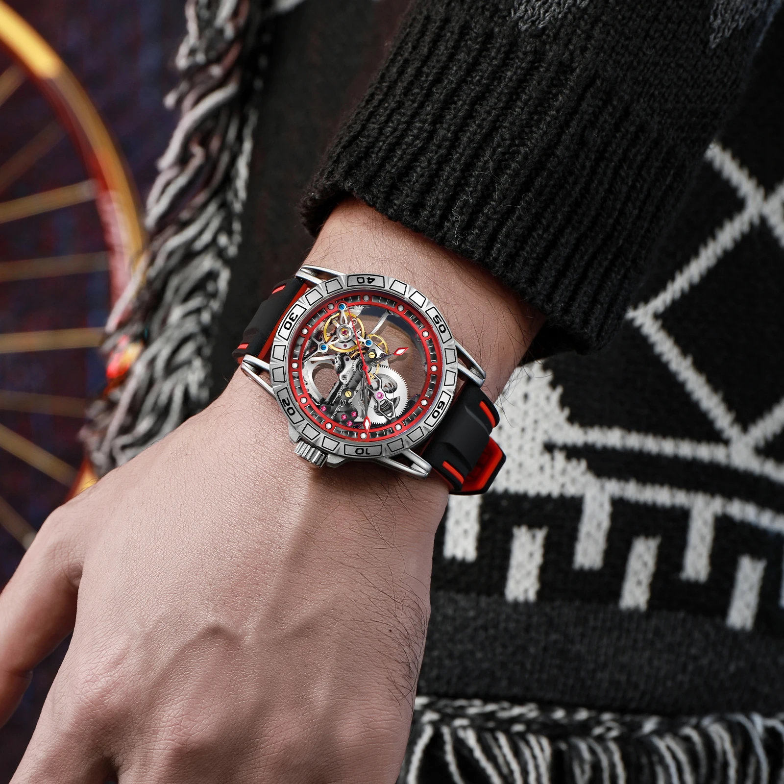 Dulunwe Men's Mechanical Watch 46MM Window Hollow Dial Automatic Winding Fashion Red Sports 30M Waterproof Automatic Watch