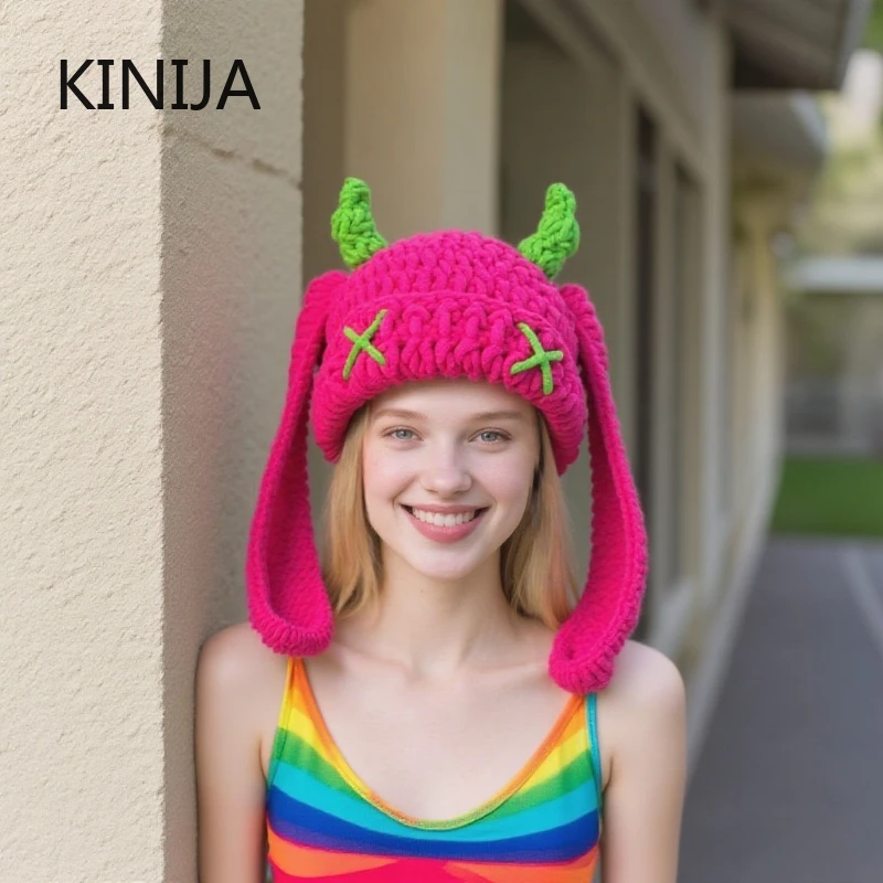 Теплая шапка на шлем с длинными ушками Y2K, вязаная шапка для женщин, зимняя универсальная забавная пуловерная шапка, мужская холодная шапка в стиле панк, готика