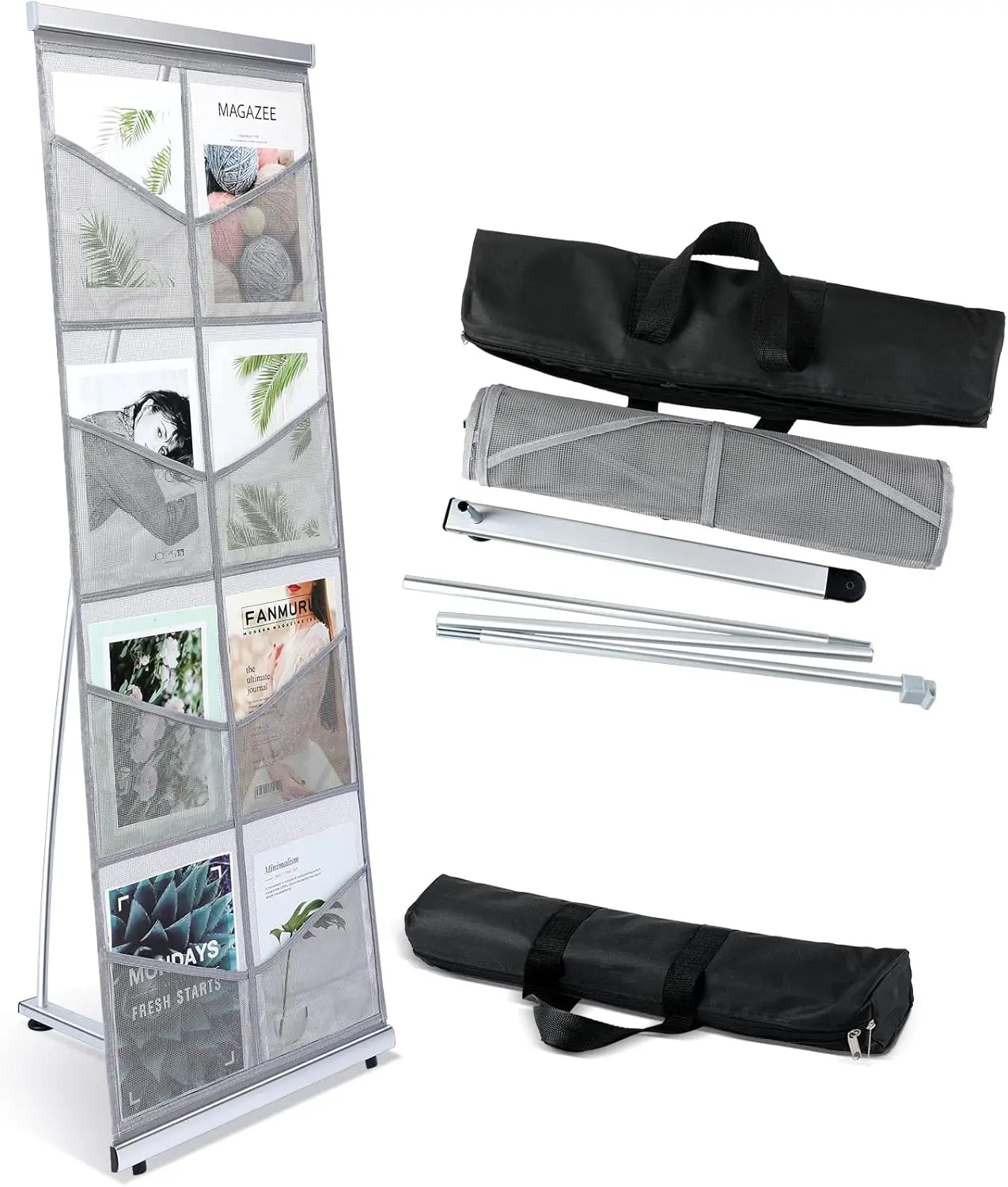 

8-Pocket Mesh Magazine Display Stand Portable Roll-Up Rack for Office Trade Shows Business