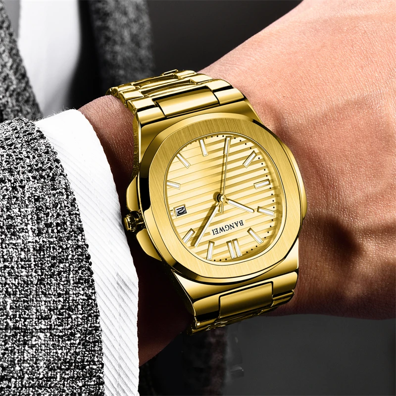 LIGE Stainless Steel Fashion Date Watch Gold Men\'s Watches Luxury Waterproof Business Quartz Movement Wristwatches For Men Clock