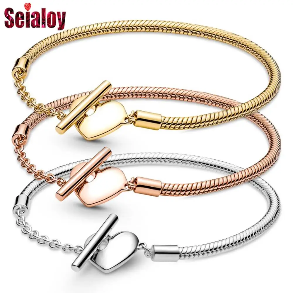 SEIALOY 2022 NEW Heart T-Button Snake Bone Chain Bracelet Fit Original Beaded Bracelet DIY Boy Girls Couple Bangle Jewelry