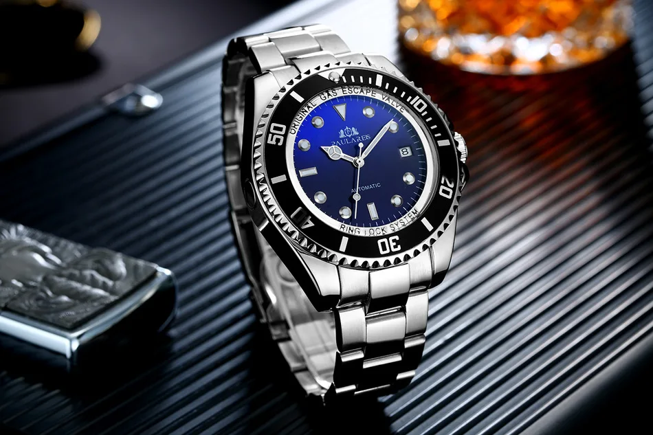 Automatic mechanical luminous solid steel belt blue-red-green men's watch AUTOMATIC WATCH
