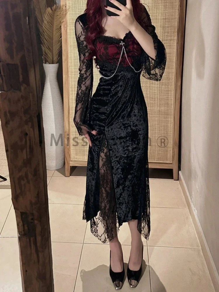 2000S Aesthetic Lace Sexy Vintage Midi Dress Women Patchwork Gothic Y2k Evening Party Dress Female Slim Chic Design Clothing