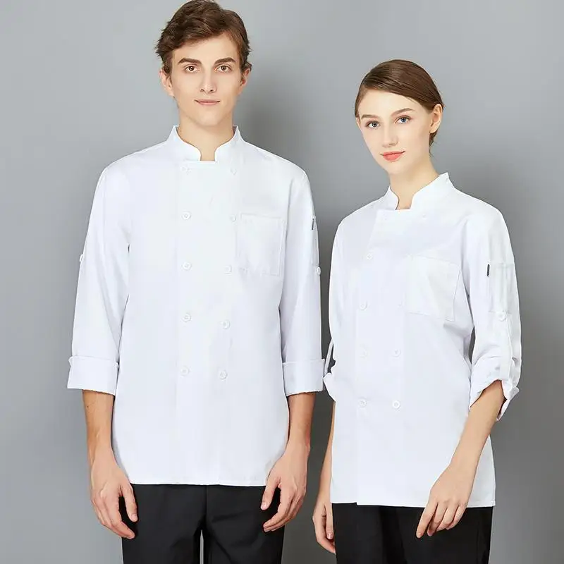 Unisex Restaurant Kitchen Uniform Shirt Hotel Chef Jacket Water Proof Long Sleeves Catering Cooking Coat Works Clothes for Men