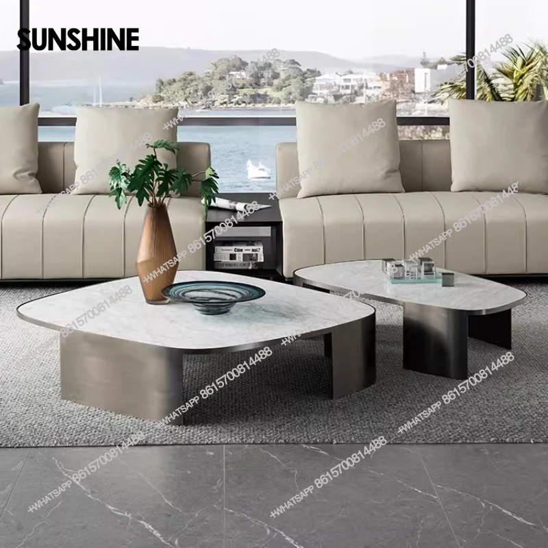 

Italian minimalist marble rock slab coffee table large flat floor living room modern simple set