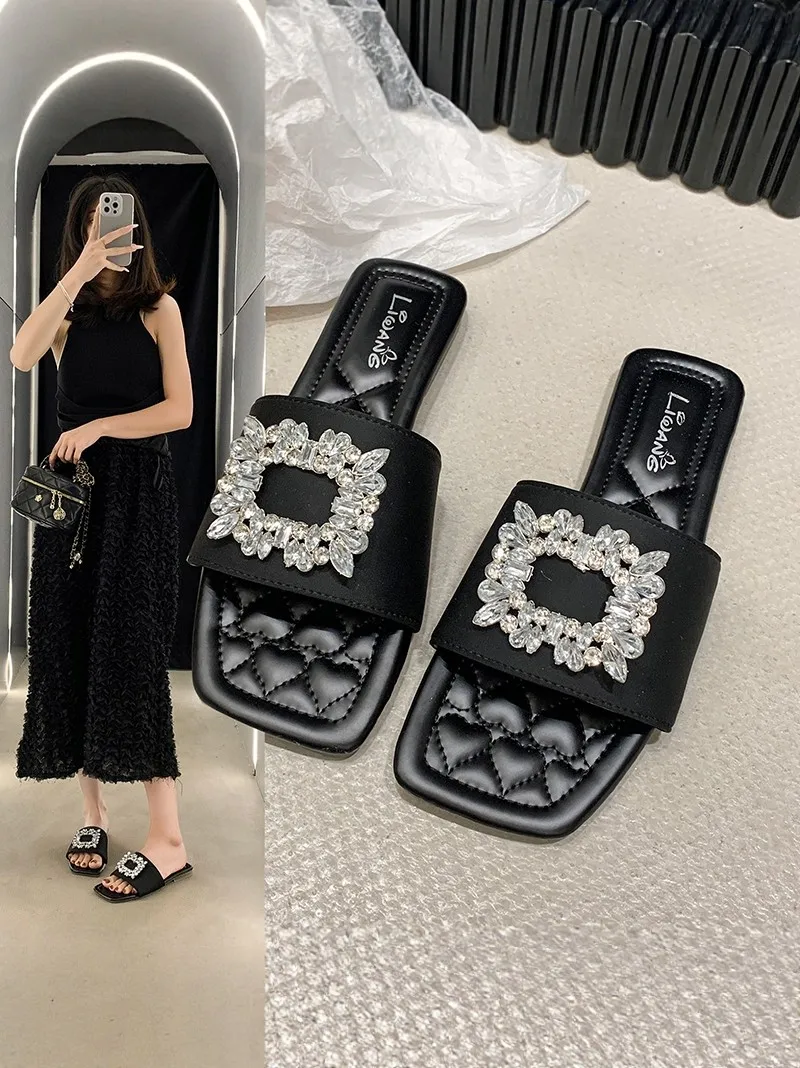Summer New Women's Flat Sandals Diamond Square Buckle Casual Style Slip-On Shoes Comfortable Fairy Wind Flats Anti-Slip TPR Sole