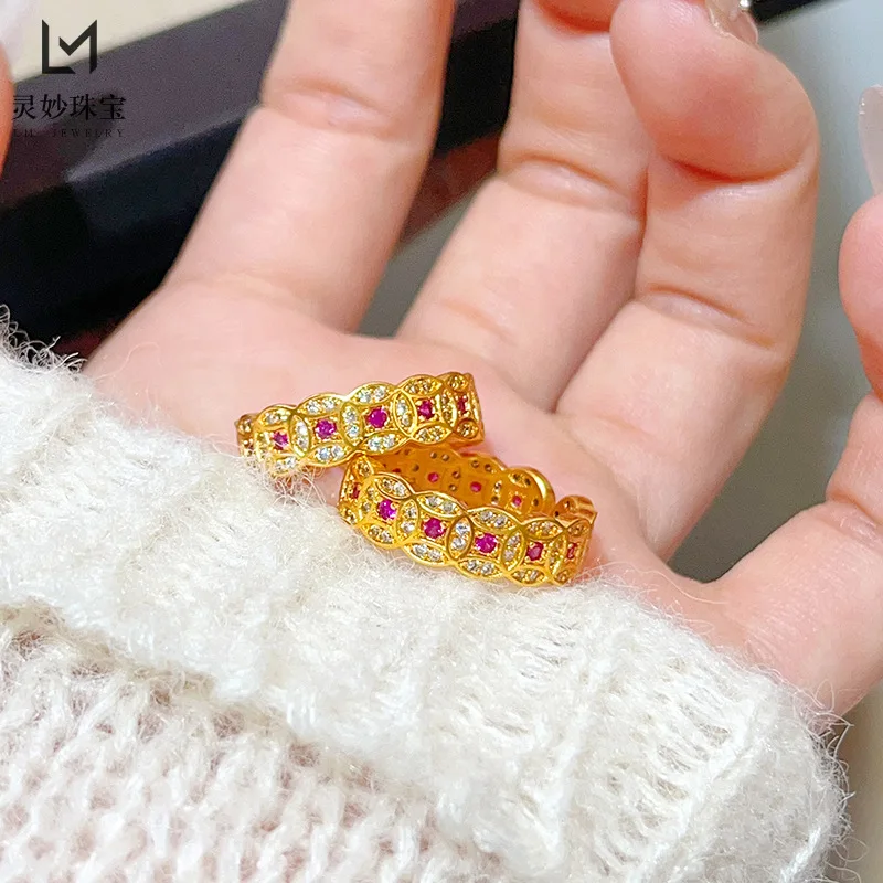 9999 24K الذهب الحقيقي مجوهرات فاخرة الماس الأحمر عملة خاتم المال Duoduo النحاس عملة افتتاح حلقة موضة هدية لصديقة #4