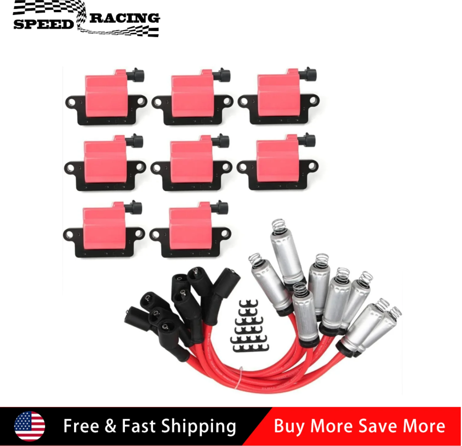 

12556893 12558693 12570553 D581 UF271 8 Pcs Red Square Ignition Coil & Spark Plug Wire For 2003-2005 Savana 1500 2500 3500