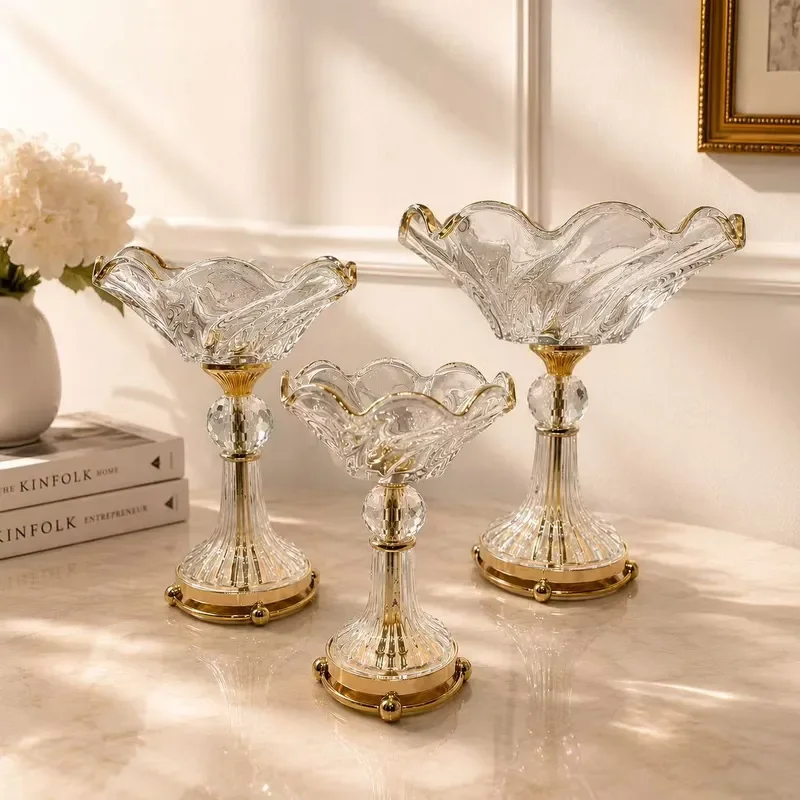 Luxury European Crystal Glass Fruit Plate High Footed Snack Bowl Creative Living Room Coffee Table Decorative Home Ornament