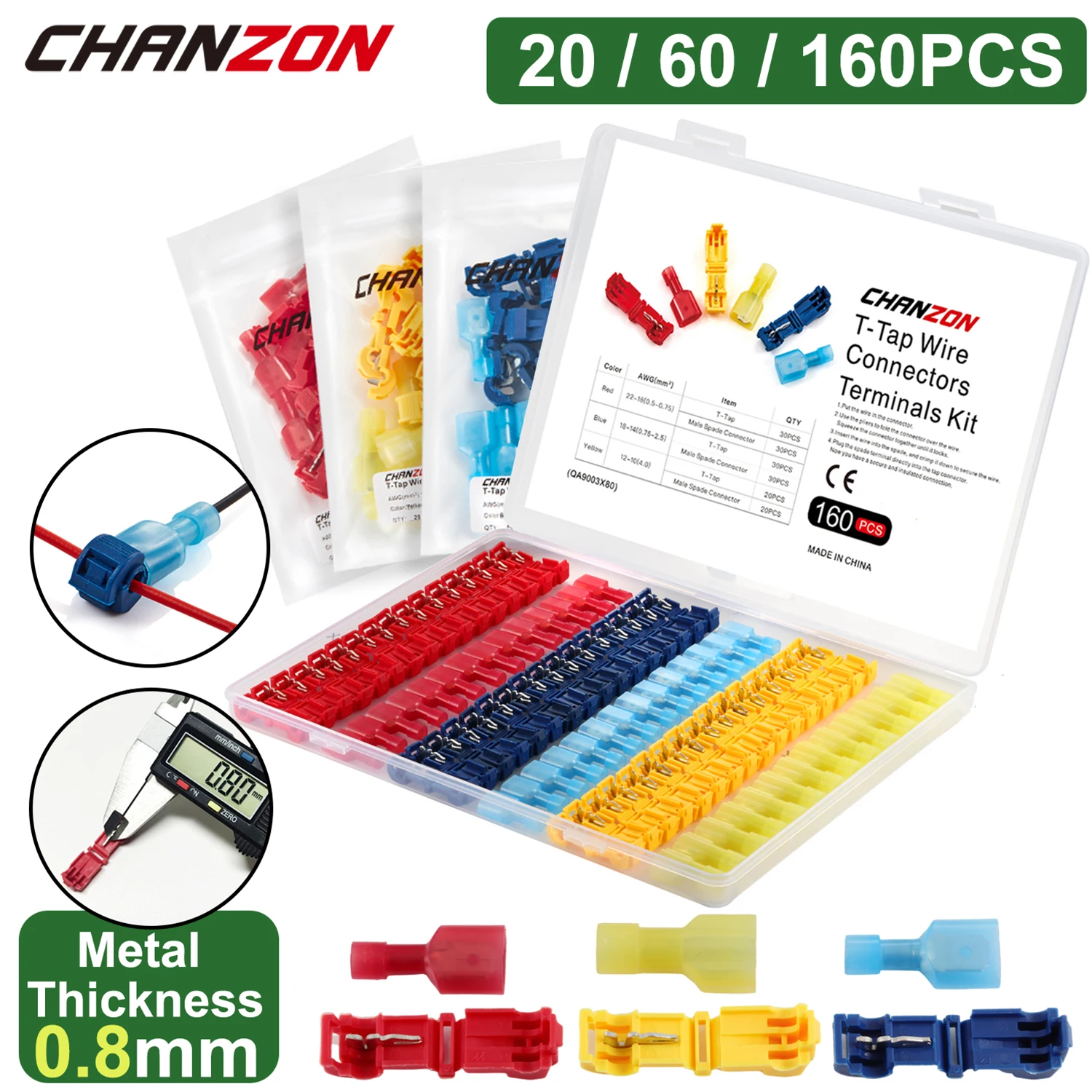 20/60/160PCS T-Tap Quick Splice Wire Connectors Electrical Crimp Joint Cord Cable Self-Stripping Disconnect Wiring Terminals Kit