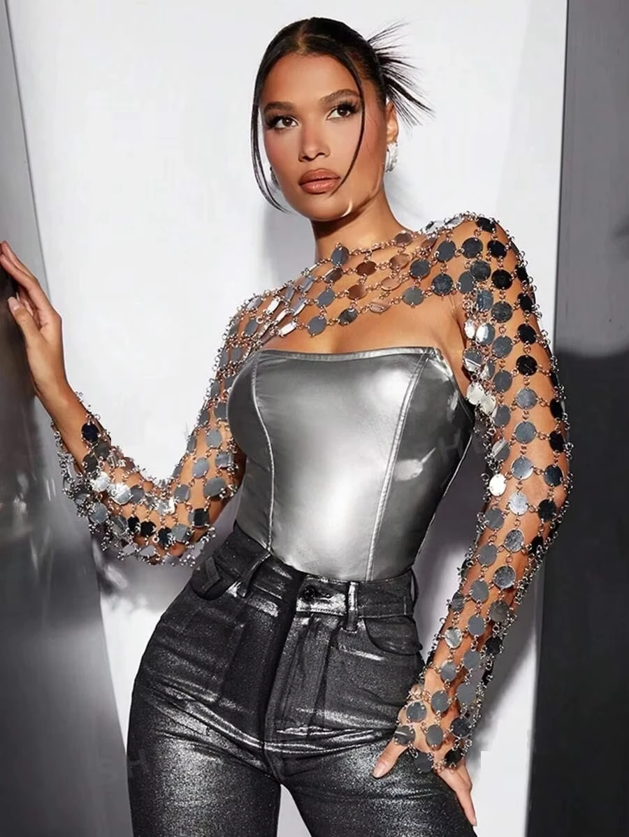 Women'S Sequined Long Sleeved Top, Solid Color Metal, Gorgeous Music Festival, Club Party, Date Night, Sparkling Covered Top