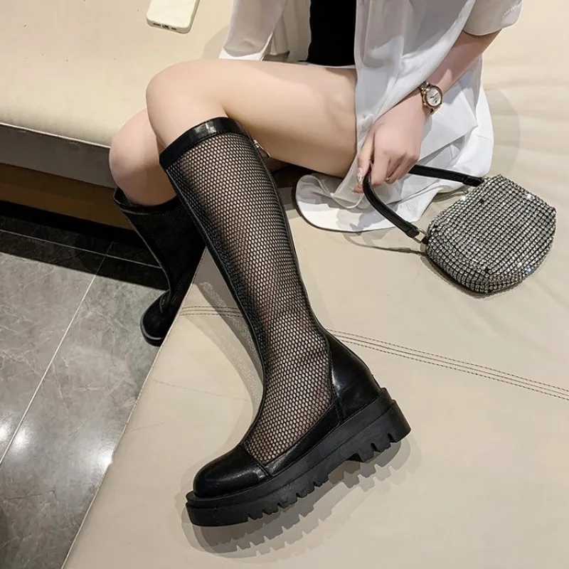 Long Boot Women Thin 2024 Summer New Net Fashion Thick Bottom Hollow Cool Boots with Breathable Mesh Gauze Boots