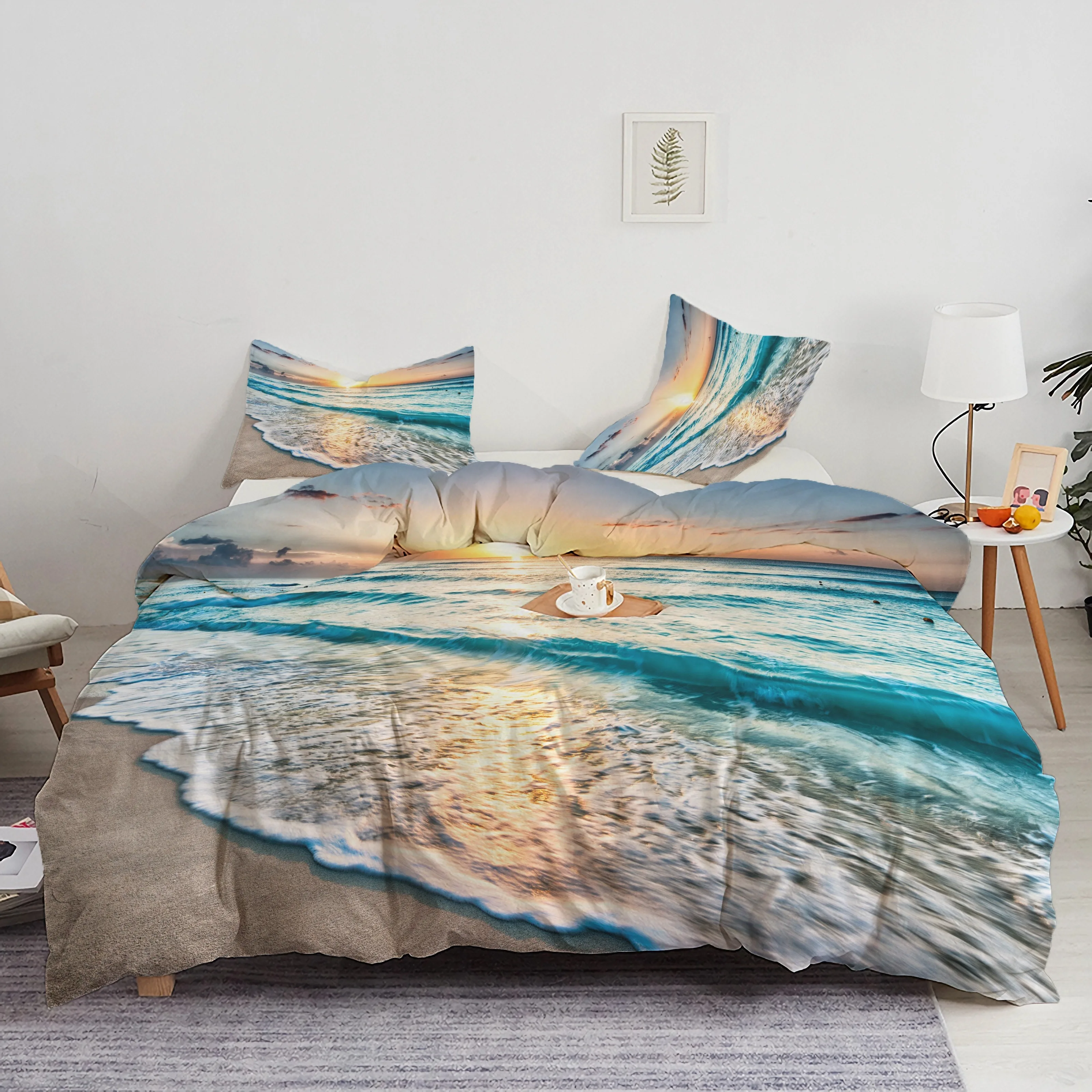 Summer Beach Sunset 3D Art Duvet Cover Set, Breathable Polyester, Zip Closure, Machine Washable - Perfect for All Seasons