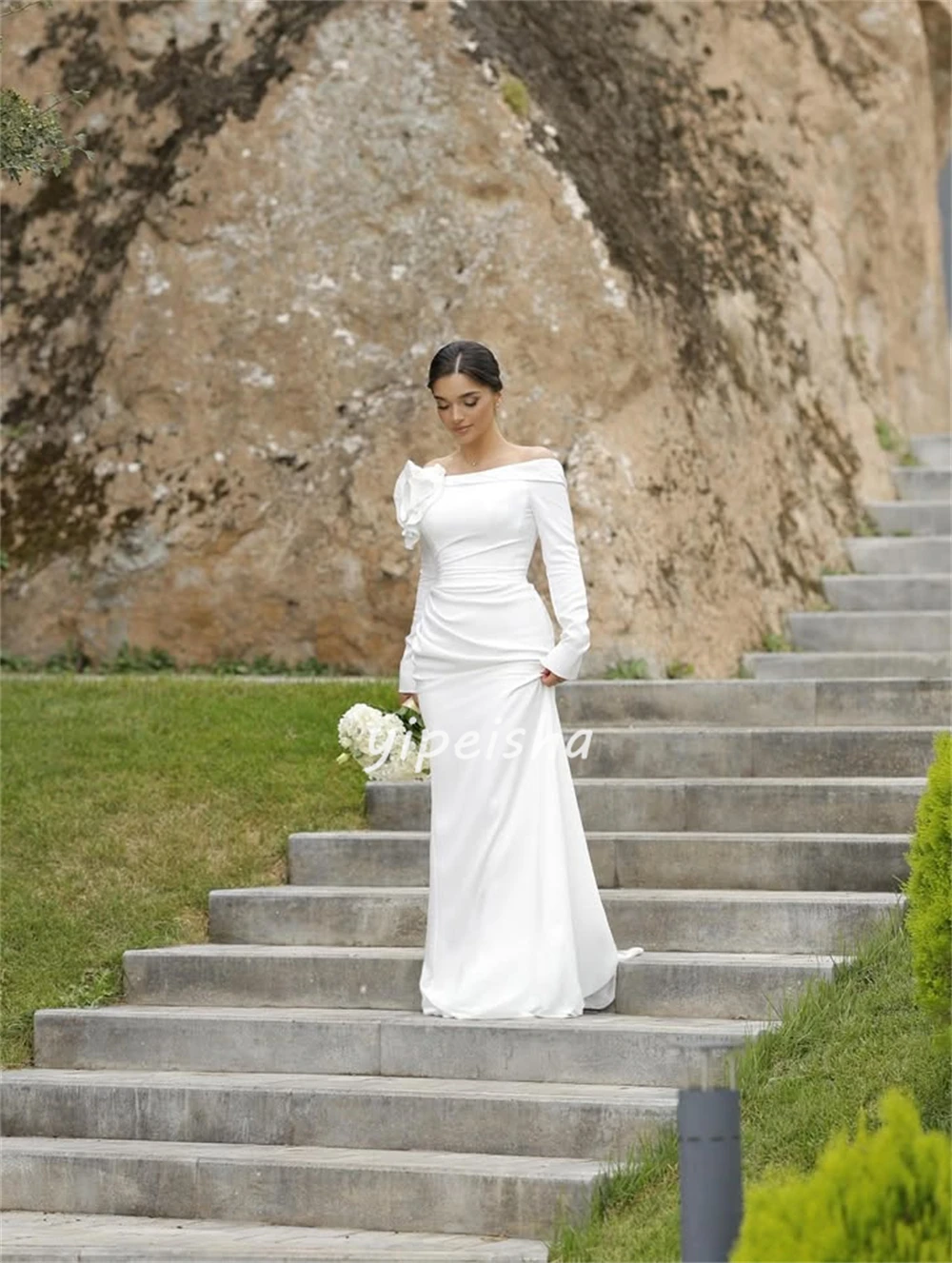 Maßgeschneiderte, hochwertige, schlichte Jersey-Kleider mit handgefertigten Blumenfalten, gerade, schulterfreie lange Kleider, maßgeschneiderte Anlasskleider, sexy