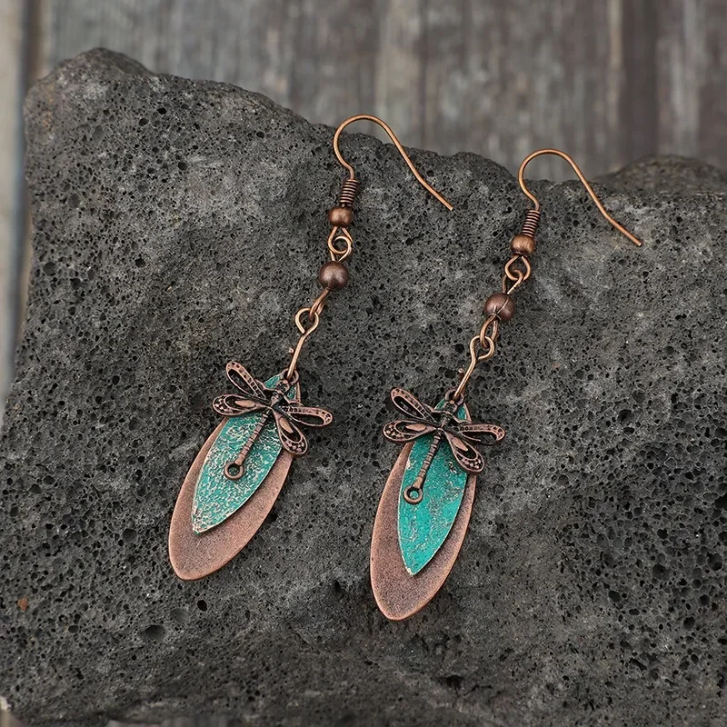 Vintage Copper Color Boho Dragonfly Green Stone Dangle Earrings Metal Carving Earrings for Women view 5