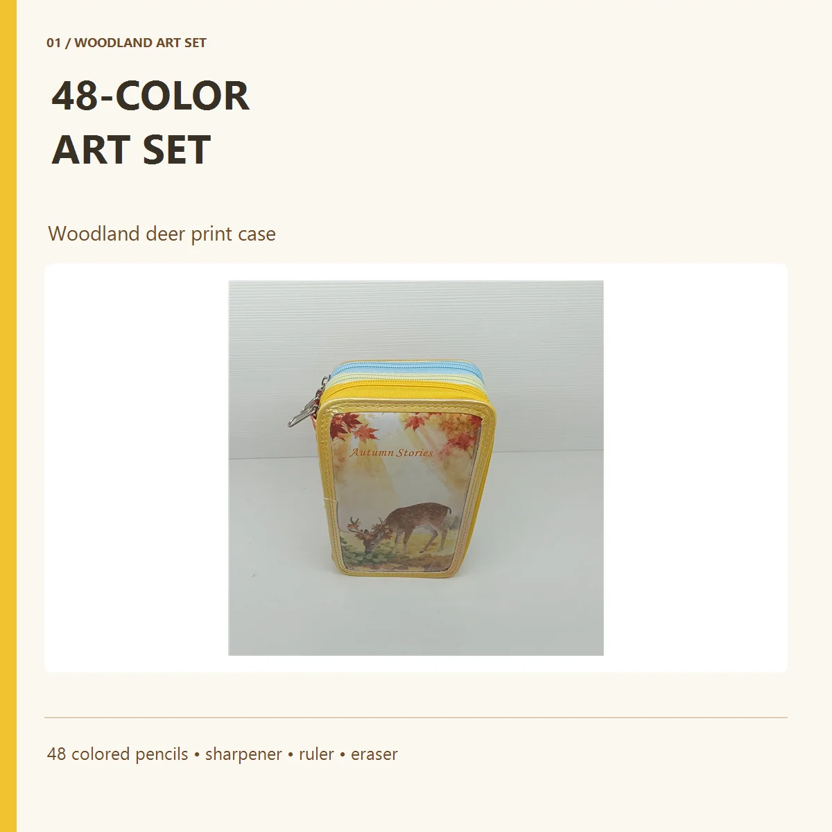 48-Color Colored Pencil Set with 3-Layer Zipper Case, Sharpener, Ruler & Eraser, Woodland Deer Print Art Set, 19.5 x 12.5 x 6 cm