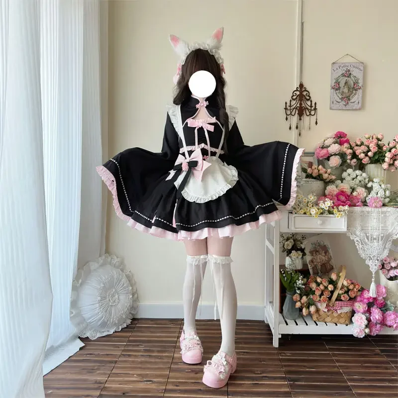 Japanese Maid Uniform Lovely Girl Kawaii Lolita Dress Cosplay Costume Sweet Cute Bowknot Princess Harajuku Sweet Dress